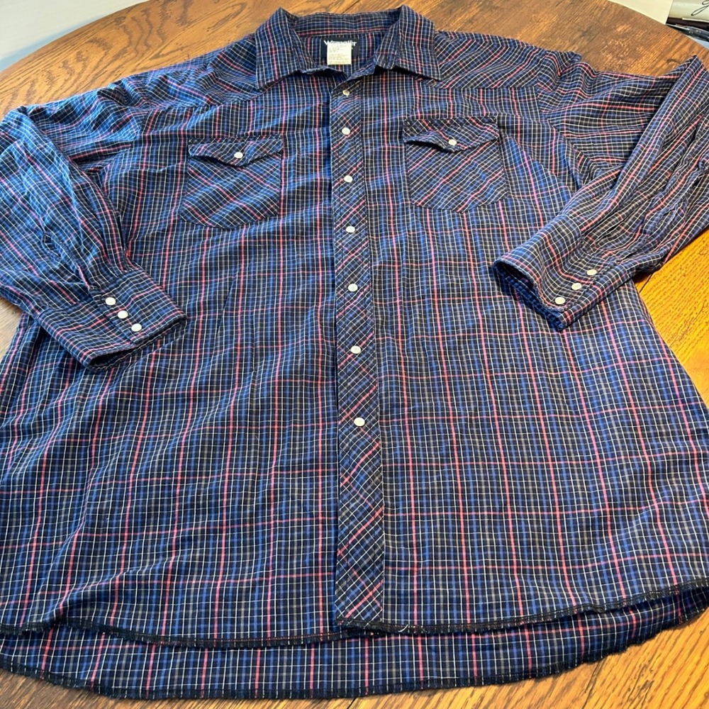 Vintage Western Pearl Snap Shirt Mens Plaid Long Sleeve Navy Red Multi Color‎ L